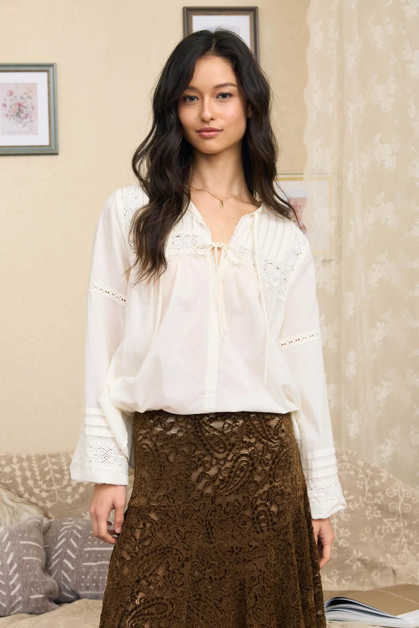 CROCHET LACE TRIM PINTUCK DETAIL LONG SLEEVE TOP sold by Blu Pepper product image thumbnail 2