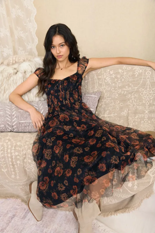 FLORAL ORGANZA SWEETHEART LEG SLIT CORSET MIDI DRESS made by Blu Pepper