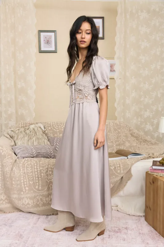 LACE BODICE FRONT TIE PUFF SLEEVE SATIN MIDI DRESS made by Blu Pepper