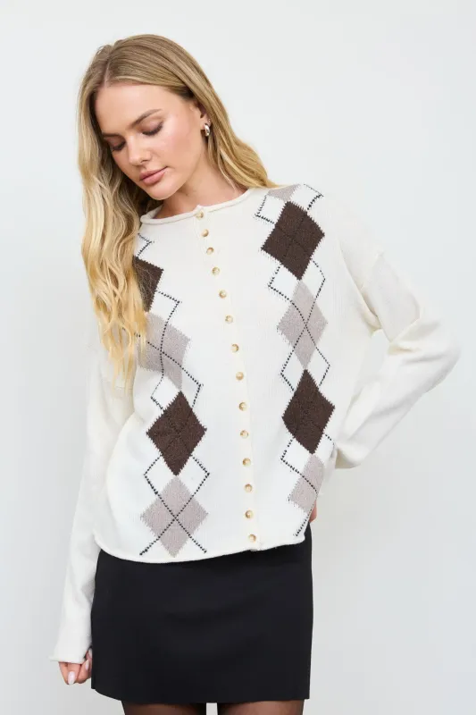 ARGYLE MOCK NECK BUTTON DOWN KNIT CARDIGAN made by Blu Pepper