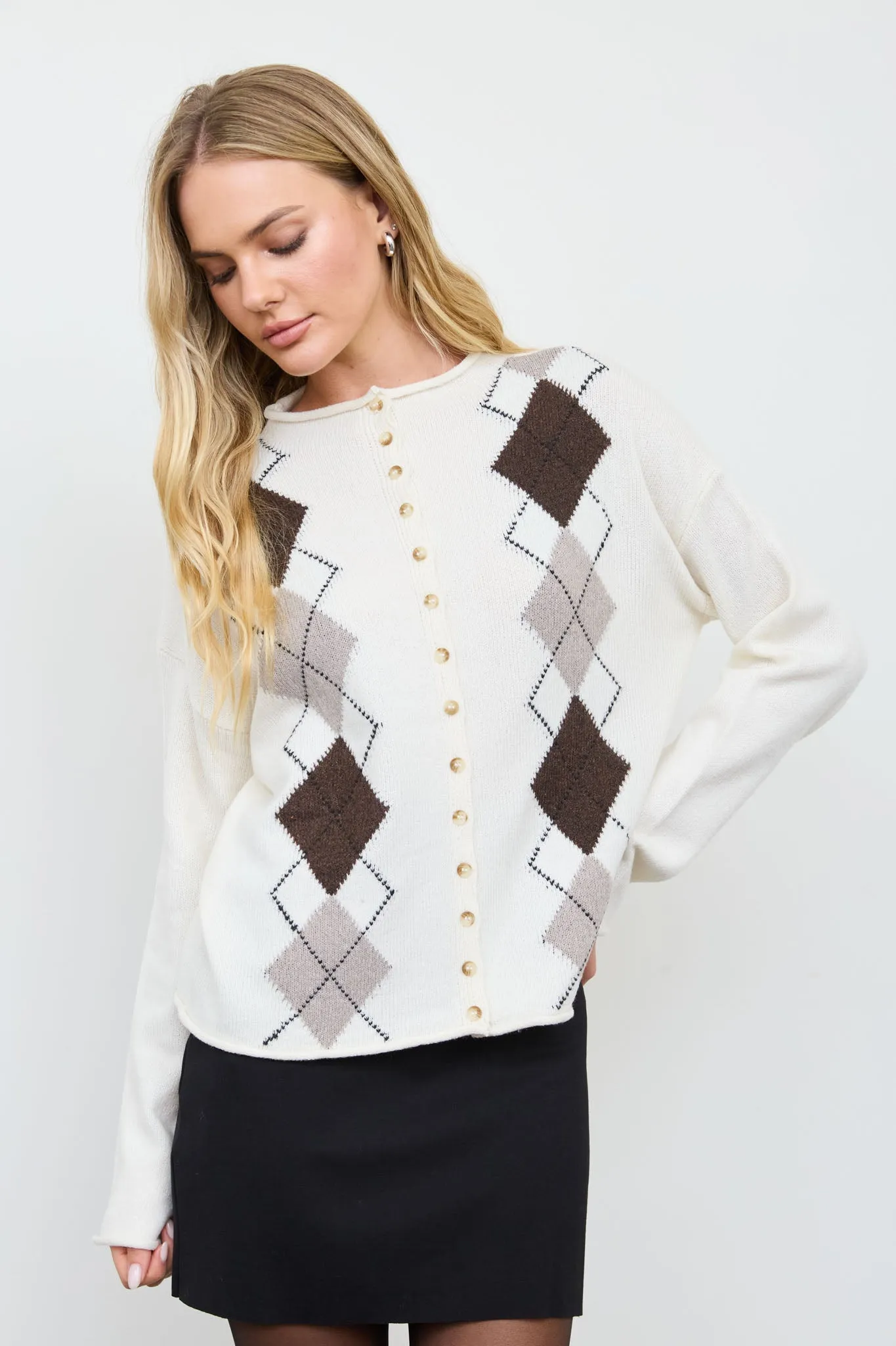 ARGYLE MOCK NECK BUTTON DOWN KNIT CARDIGAN sold by Blu Pepper