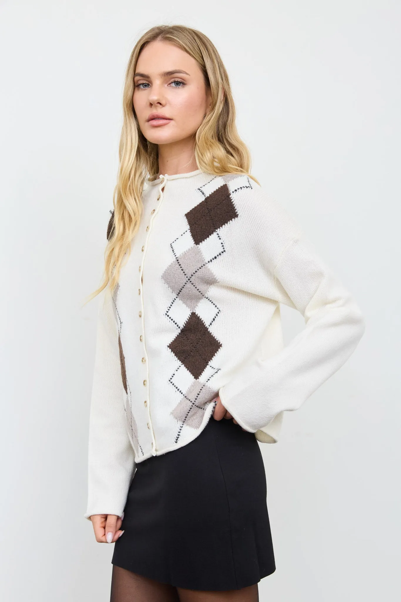 ARGYLE MOCK NECK BUTTON DOWN KNIT CARDIGAN sold by Blu Pepper product image thumbnail 5