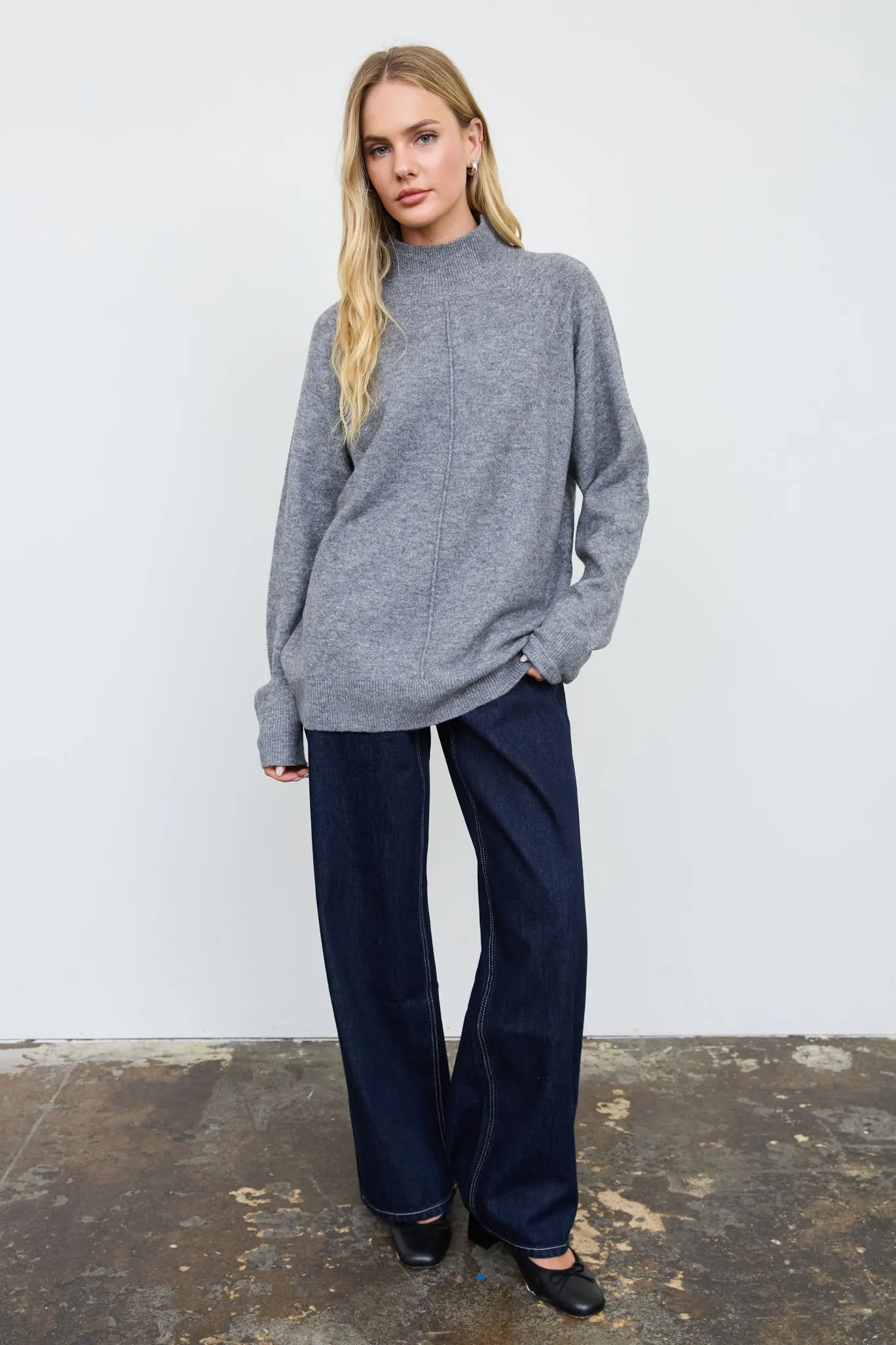 CENTER SEAM MOCK NECK RELAXED PULLOVER SWEATER sold by Blu Pepper
