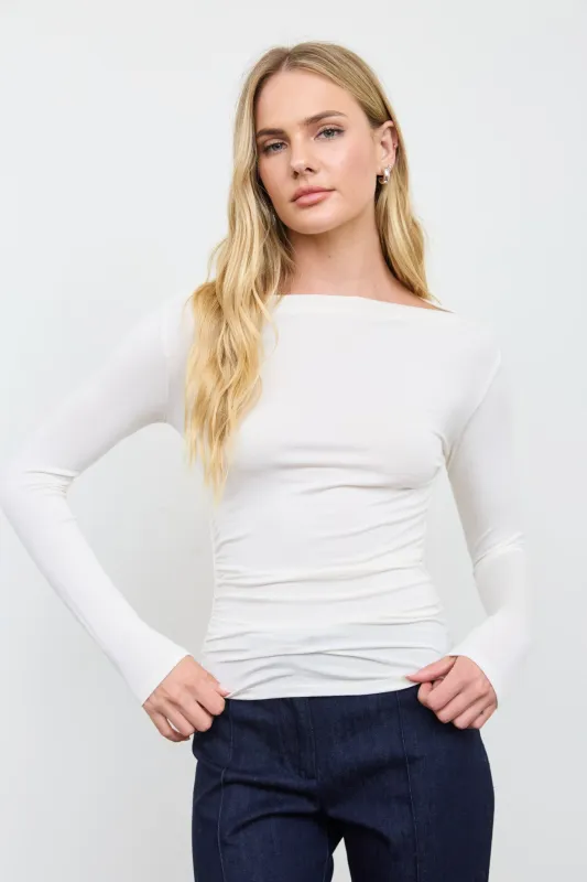 RUCHED SHOULDER BOAT NECK LONG SLEEVE KNIT TOP made by Blu Pepper