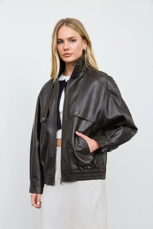 STAND COLLAR ZIP-UP BOMBER FAUX LEATHER JACKET made by Blu Pepper
