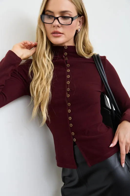 BUTTON FRONT MOCK NECK LONG SLEEVE KNIT TOP made by Blu Pepper