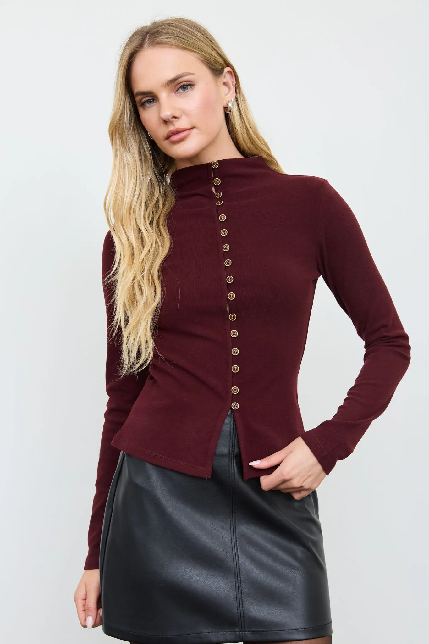 BUTTON FRONT MOCK NECK LONG SLEEVE KNIT TOP sold by Blu Pepper product image thumbnail 4