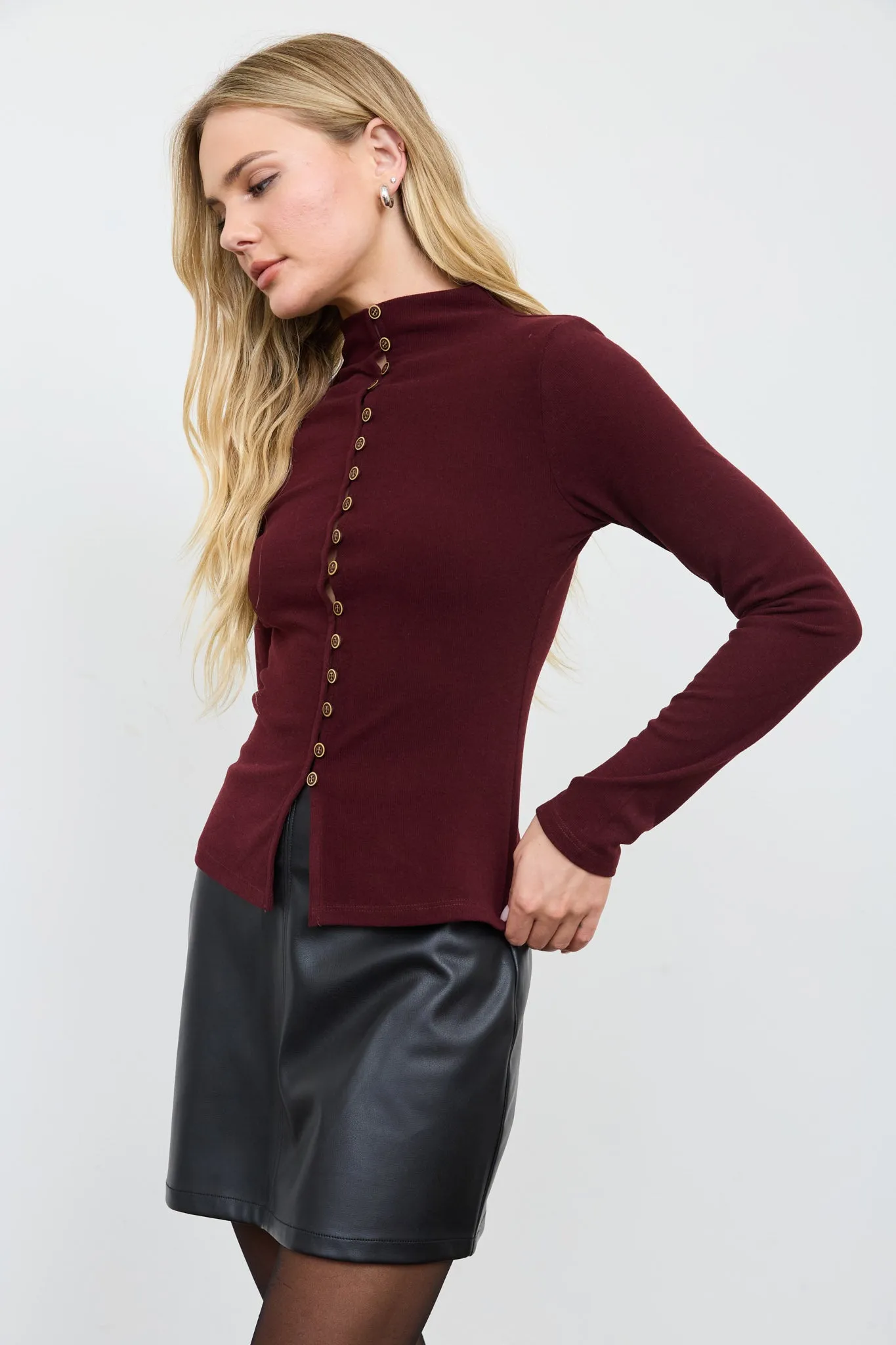 BUTTON FRONT MOCK NECK LONG SLEEVE KNIT TOP sold by Blu Pepper product image thumbnail 3