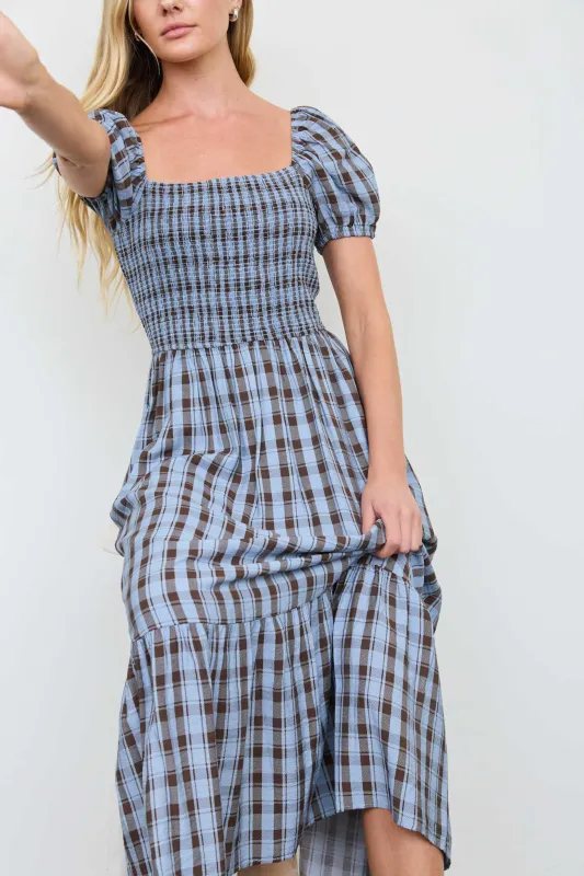 PLAID SMOCKED PUFF SLEEVE TIERED MIDI DRESS (PRE-ORDER) made by mine