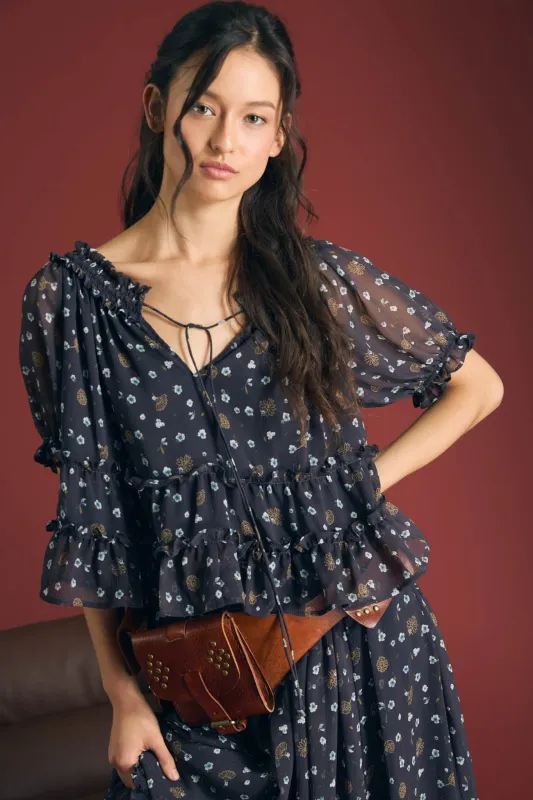 FLORAL SMOCKED NECKLINE FRONT TIE PUFF SLEEVE TOP (PRE-ORDER) made by Blu Pepper