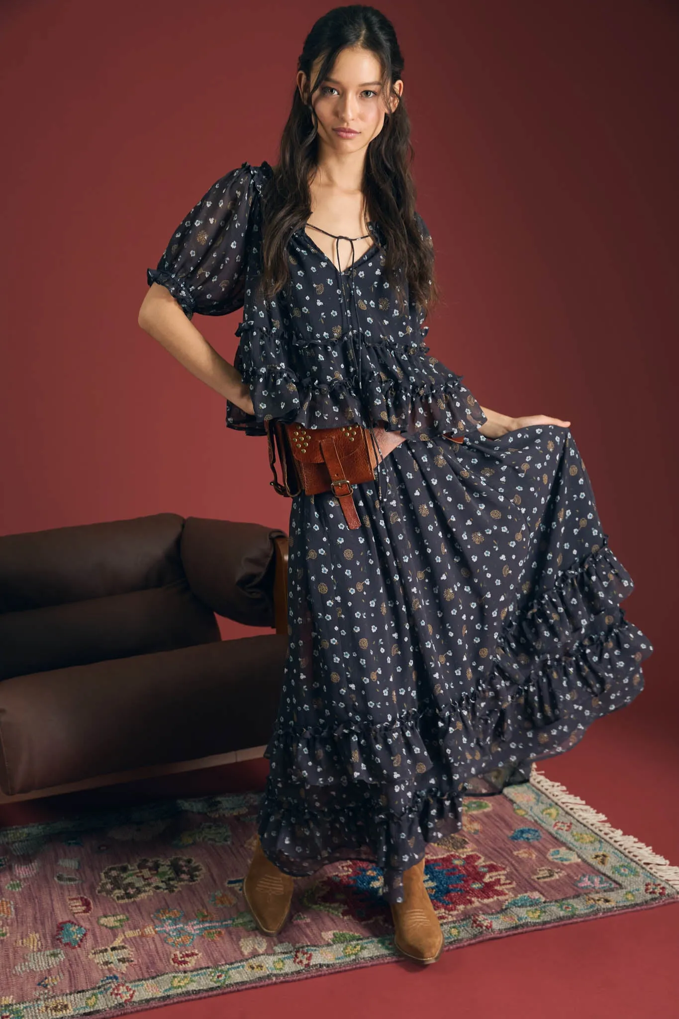 FLORAL SMOCKED NECKLINE FRONT TIE PUFF SLEEVE TOP sold by Blu Pepper product image thumbnail 5