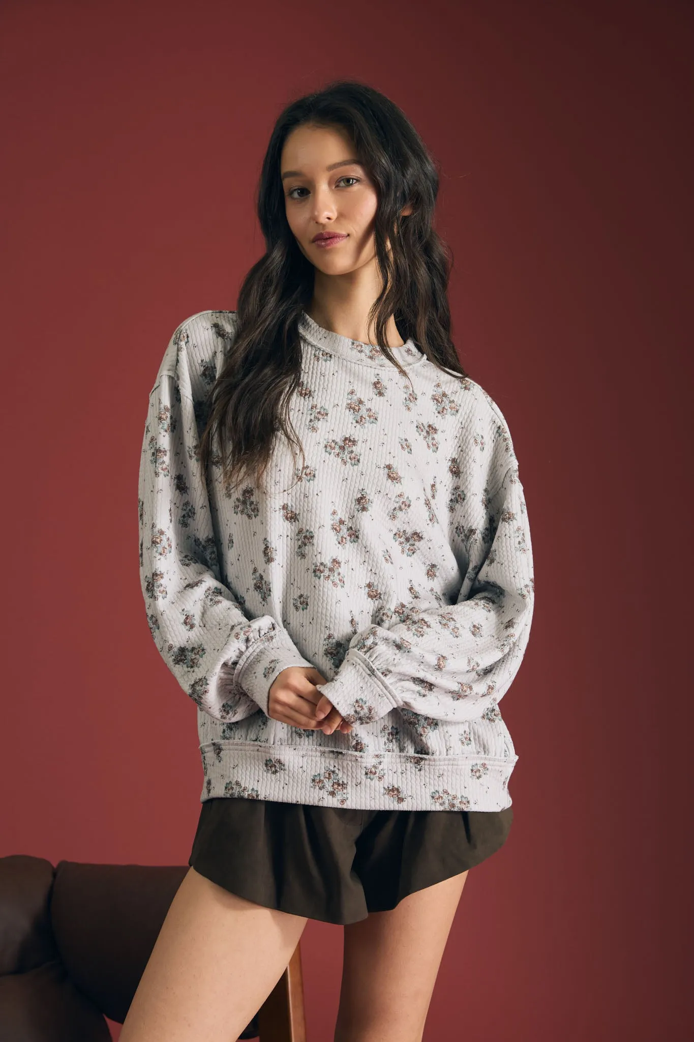 FLORAL DOT PRINT LONG SLEEVE TEXTURED KNIT TOP sold by Blu Pepper product image thumbnail 4