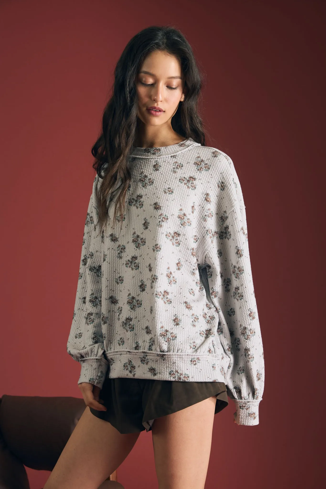 FLORAL DOT PRINT LONG SLEEVE TEXTURED KNIT TOP sold by Blu Pepper product image thumbnail 3