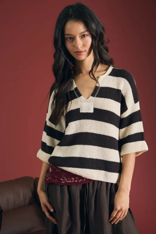WIDE STRIPE RAW SPLIT NECK SHORT SLEEVE SWEATER made by Blu Pepper