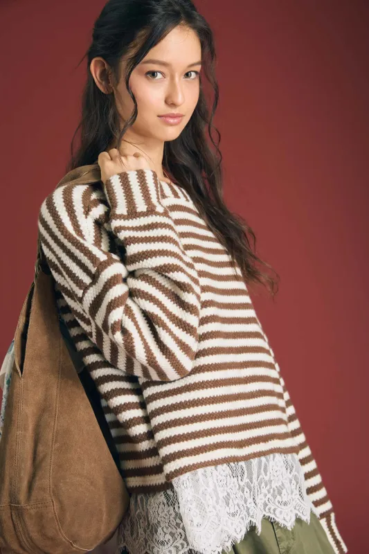STRIPE LONG SLEEVE LACE HEM DETAIL KNIT TOP (PRE-ORDER) made by Blu Pepper