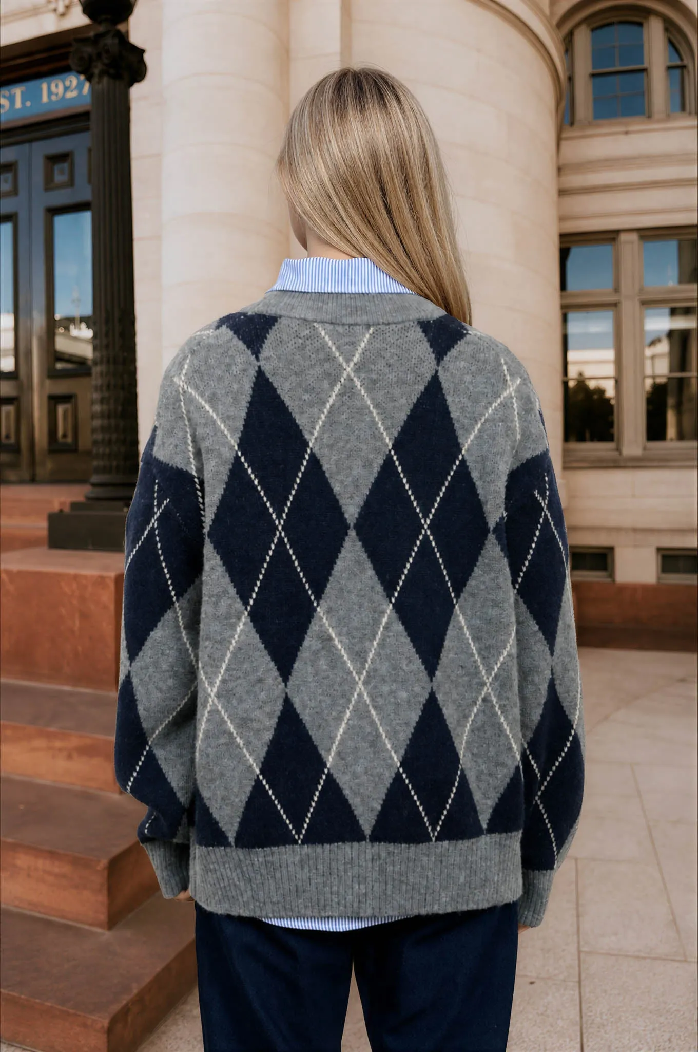 OVERSIZED ARGYLE CREW NECK KNIT PULLOVER sold by Blu Pepper product image thumbnail 2
