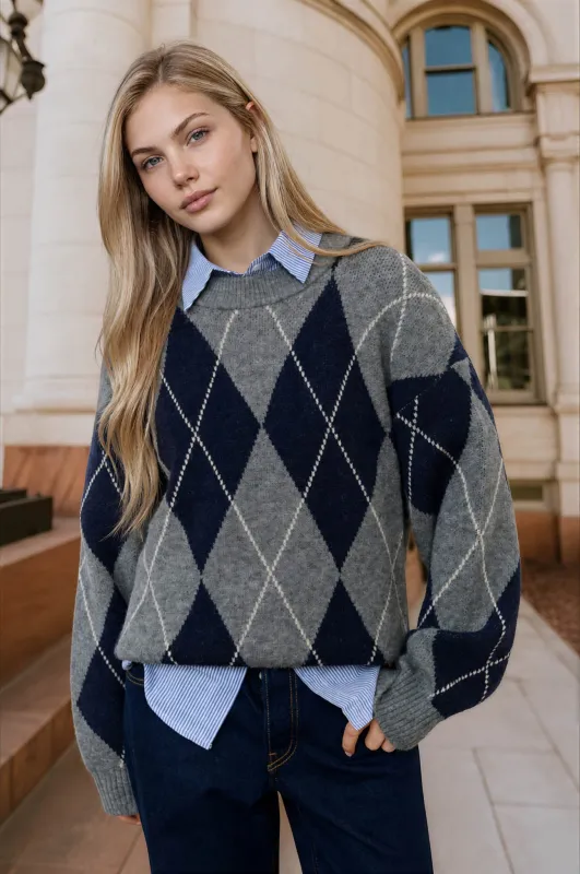 OVERSIZED ARGYLE CREW NECK KNIT PULLOVER made by Blu Pepper