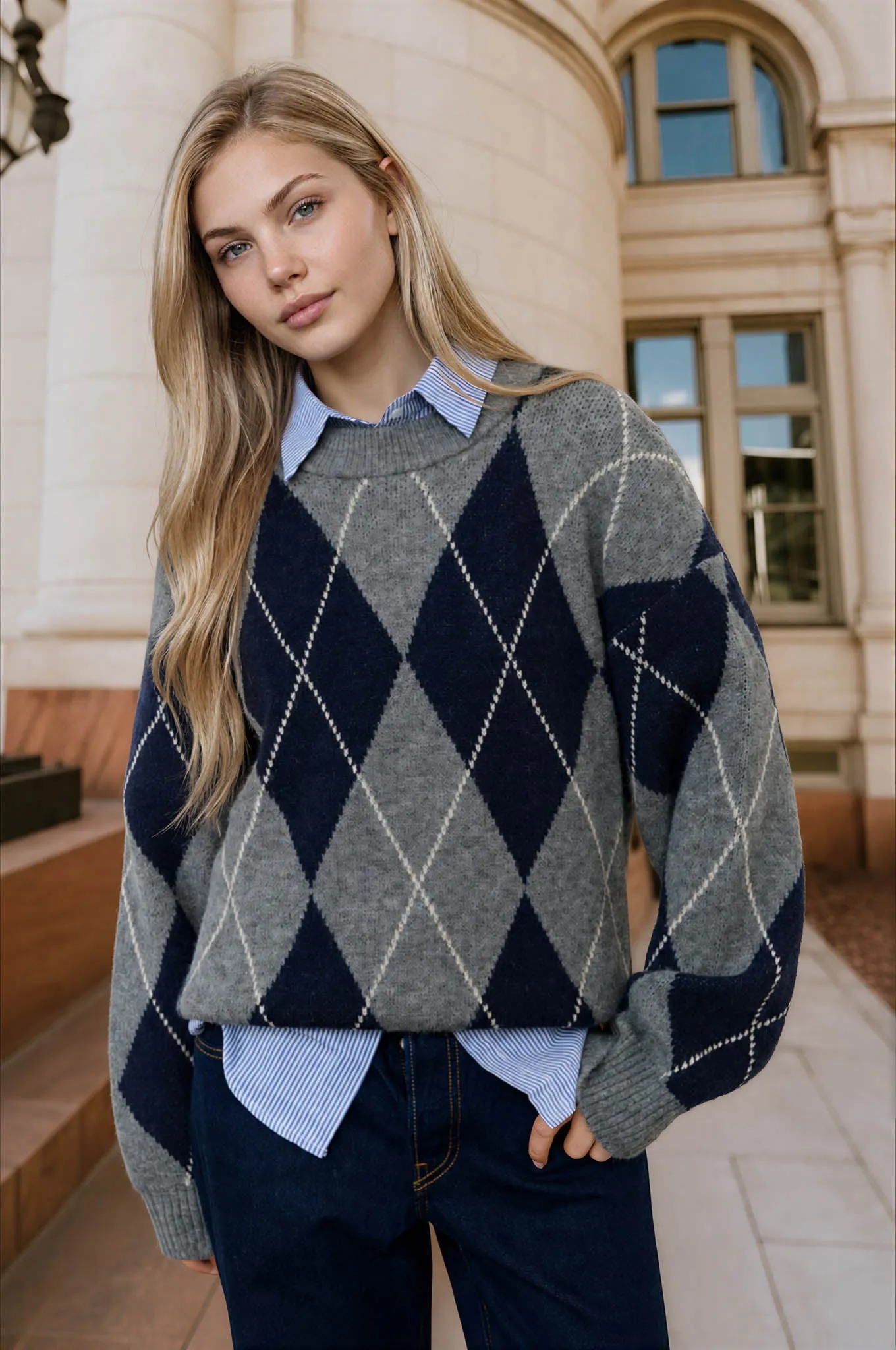 OVERSIZED ARGYLE CREW NECK KNIT PULLOVER sold by Blu Pepper