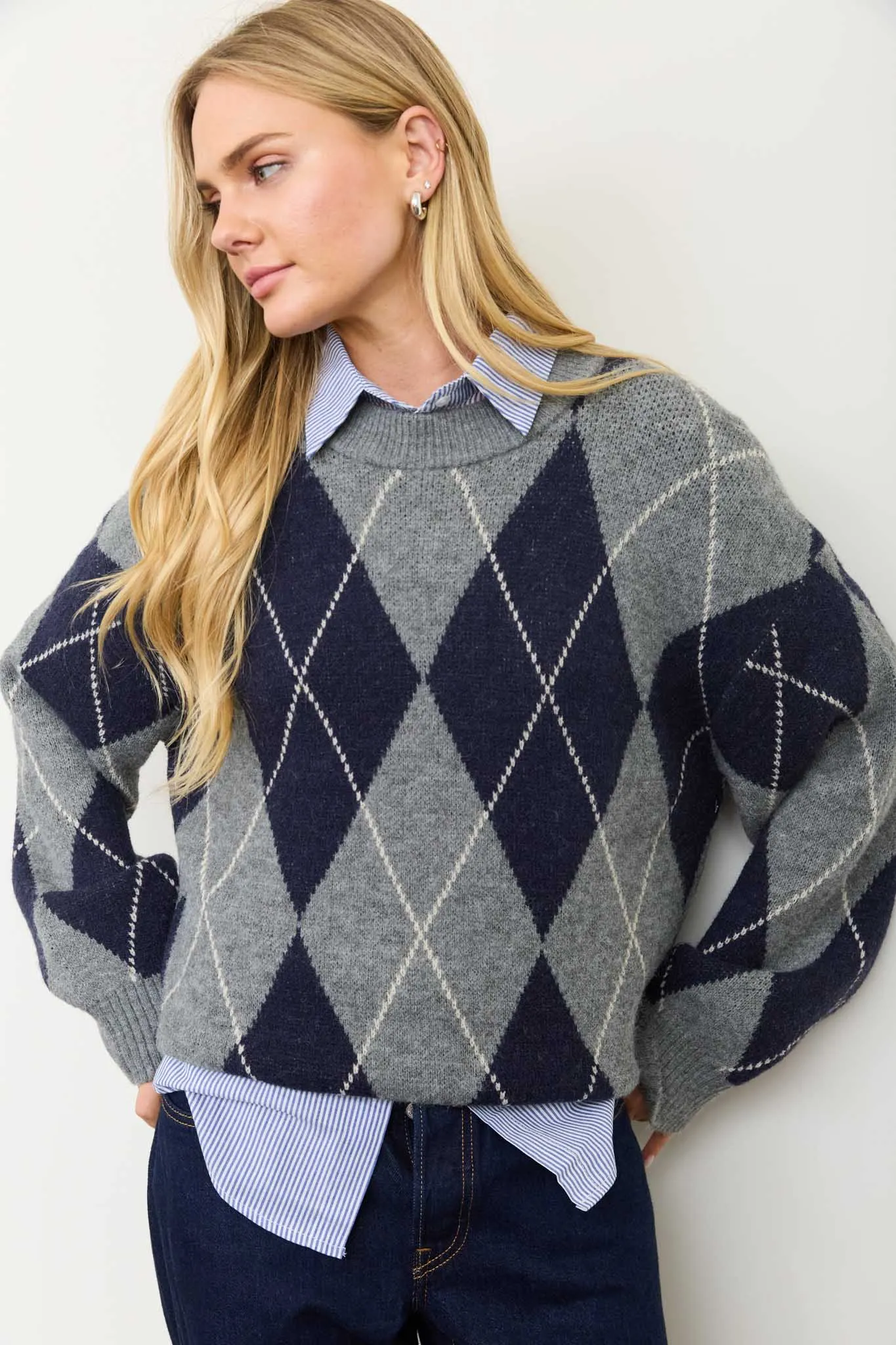 OVERSIZED ARGYLE CREW NECK KNIT PULLOVER sold by Blu Pepper product image thumbnail 4