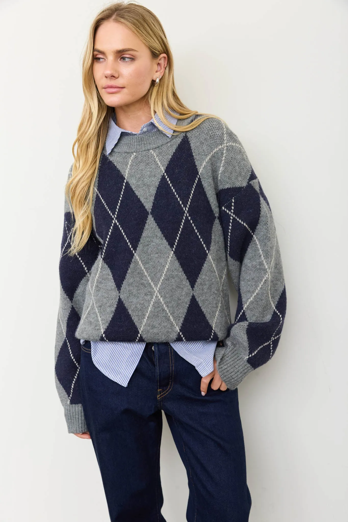 OVERSIZED ARGYLE CREW NECK KNIT PULLOVER sold by Blu Pepper product image thumbnail 5