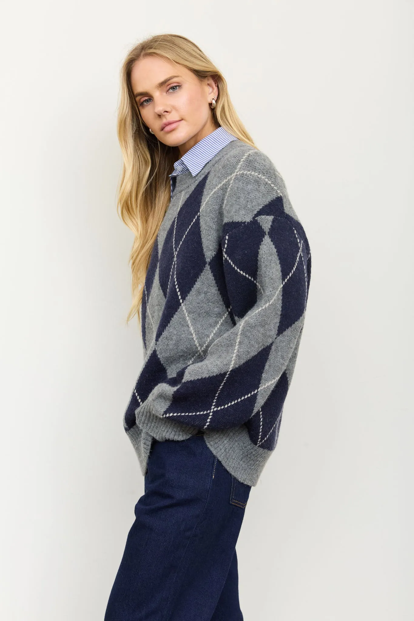 OVERSIZED ARGYLE CREW NECK KNIT PULLOVER sold by Blu Pepper product image thumbnail 3