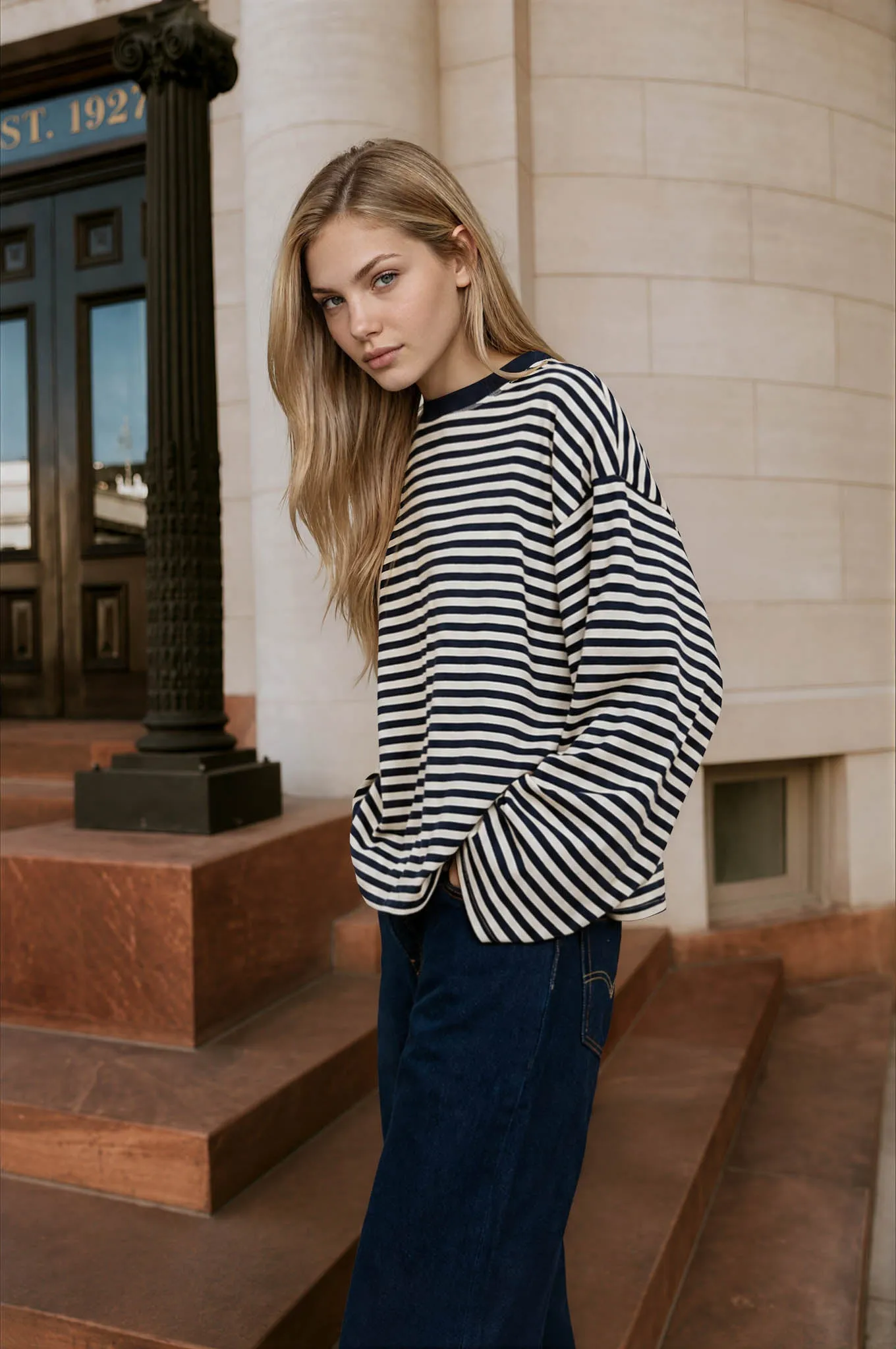 STRIPED CONTRAST CREW NECK LONG SLEEVE KNIT TOP sold by Blu Pepper product image thumbnail 3