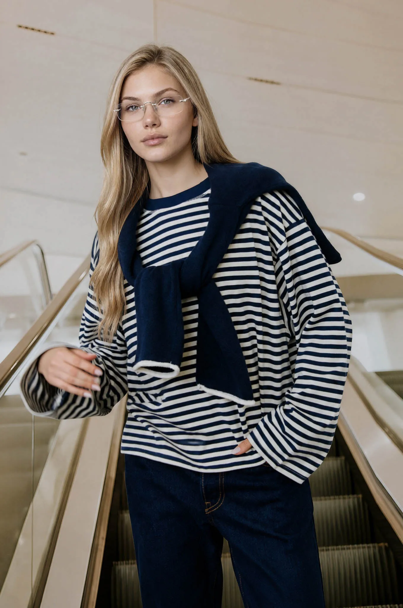 STRIPED CONTRAST CREW NECK LONG SLEEVE KNIT TOP sold by Blu Pepper