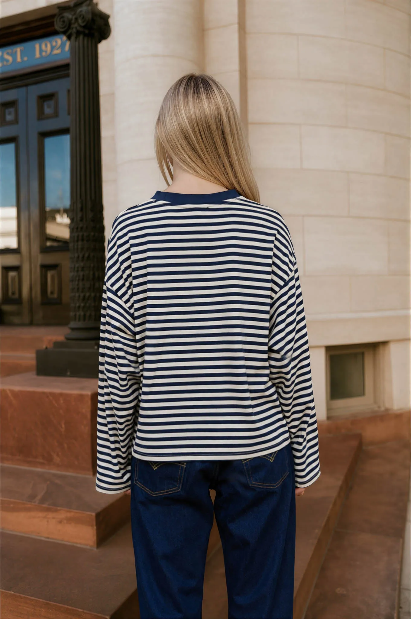 STRIPED CONTRAST CREW NECK LONG SLEEVE KNIT TOP sold by Blu Pepper product image thumbnail 2