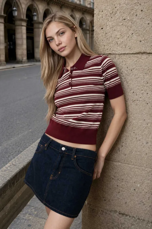 STRIPED POLO SHORT SLEEVE SWEATER KNIT TOP made by Blu Pepper