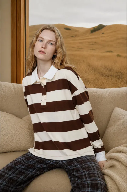 POLO COLLAR LONG SLEEVE WIDE STRIPE KNIT TOP (PRE-ORDER) made by J.O.A.