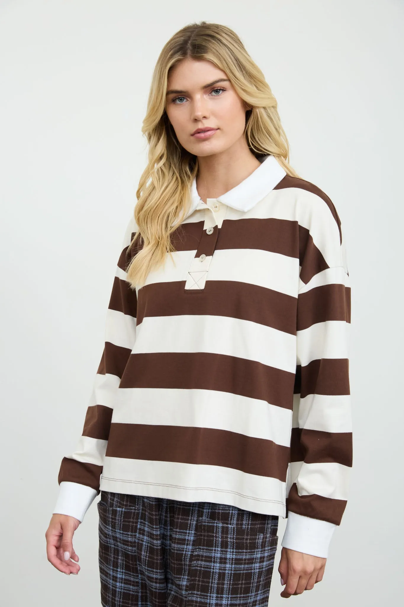 POLO COLLAR LONG SLEEVE WIDE STRIPE KNIT TOP sold by Blu Pepper product image thumbnail 4