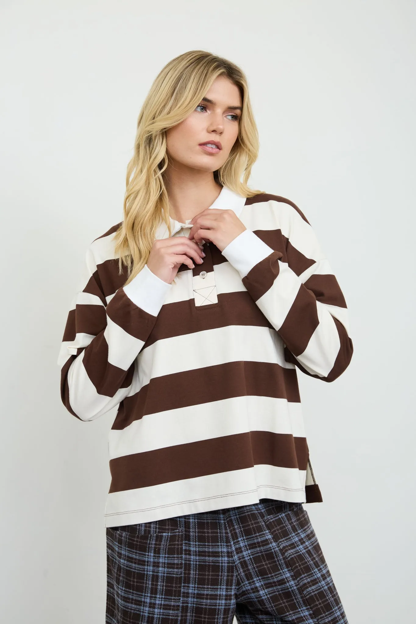 POLO COLLAR LONG SLEEVE WIDE STRIPE KNIT TOP sold by Blu Pepper product image thumbnail 5