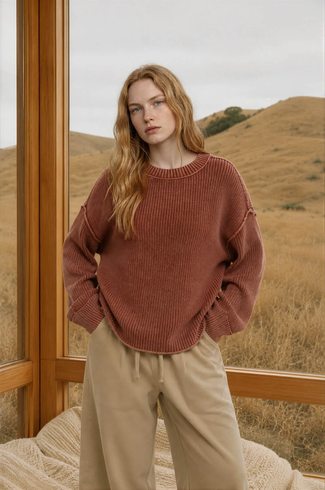 WASHED RIBBED LONG SLEEVE FOLDED CUFF KNIT SWEATER sold by Blu Pepper product image thumbnail 4