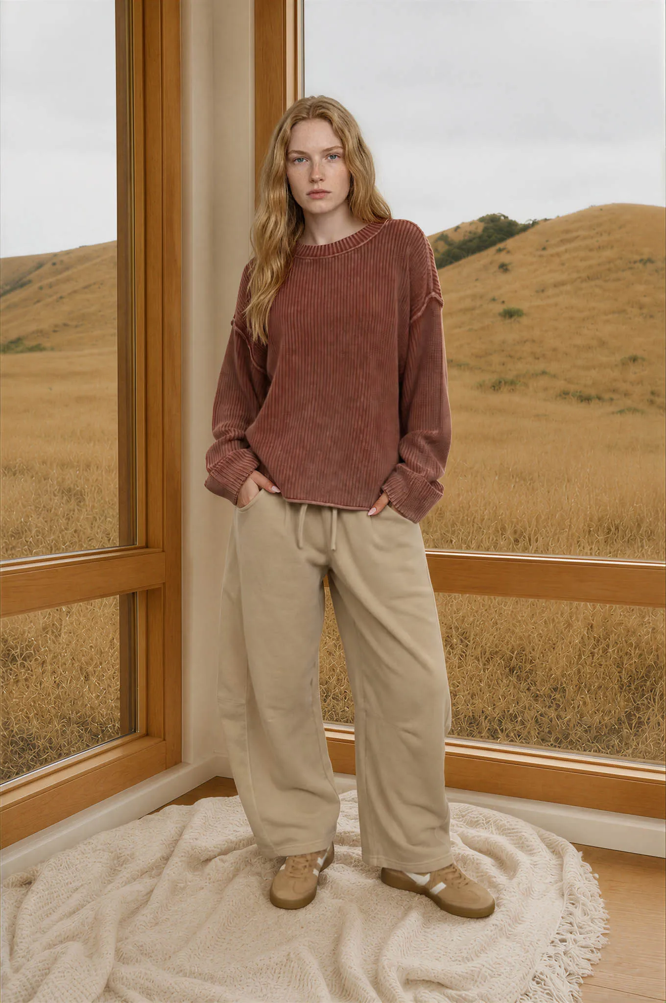 WASHED RIBBED LONG SLEEVE FOLDED CUFF KNIT SWEATER sold by Blu Pepper product image thumbnail 5