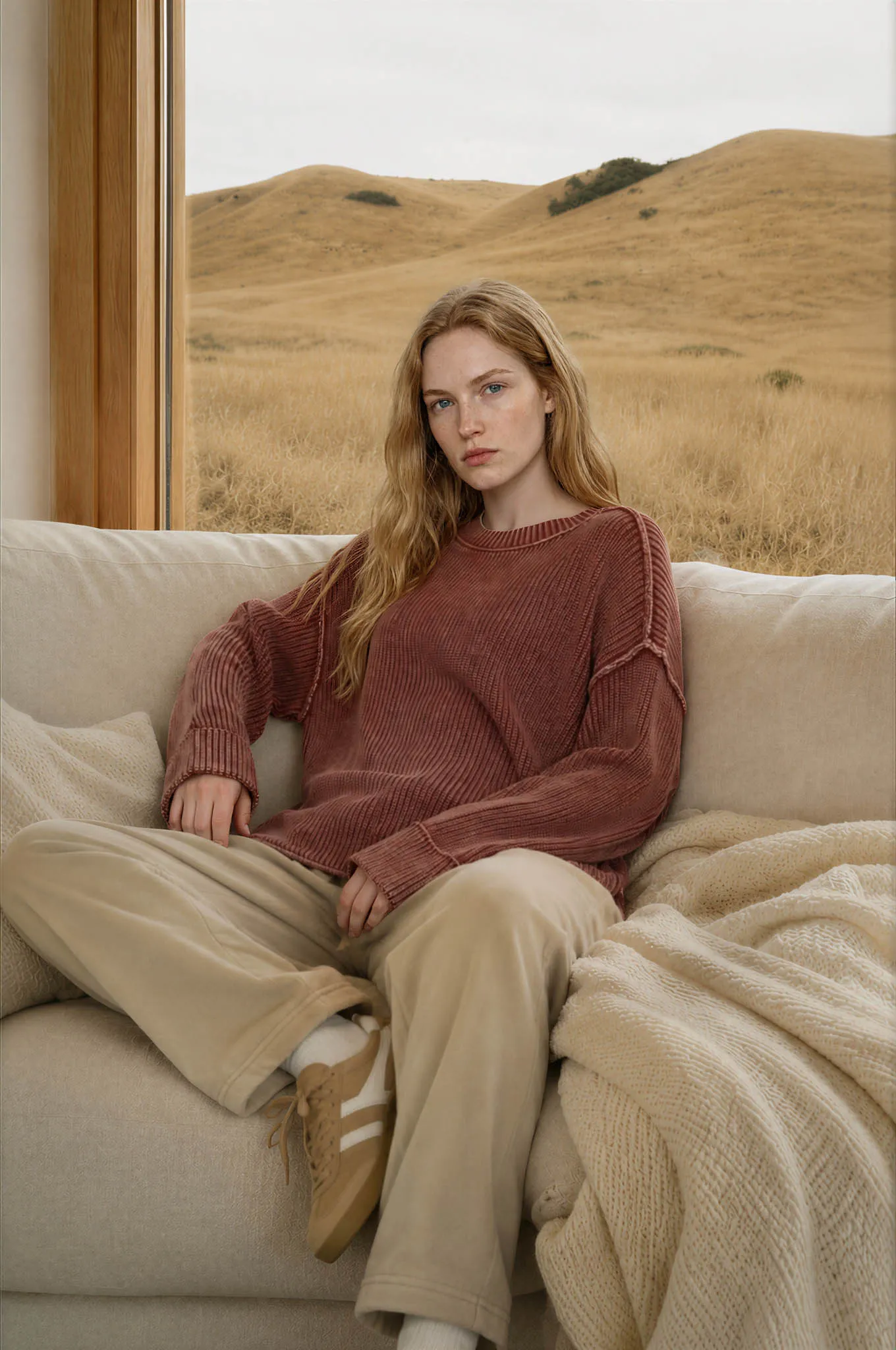 WASHED RIBBED LONG SLEEVE FOLDED CUFF KNIT SWEATER sold by Blu Pepper product image thumbnail 3