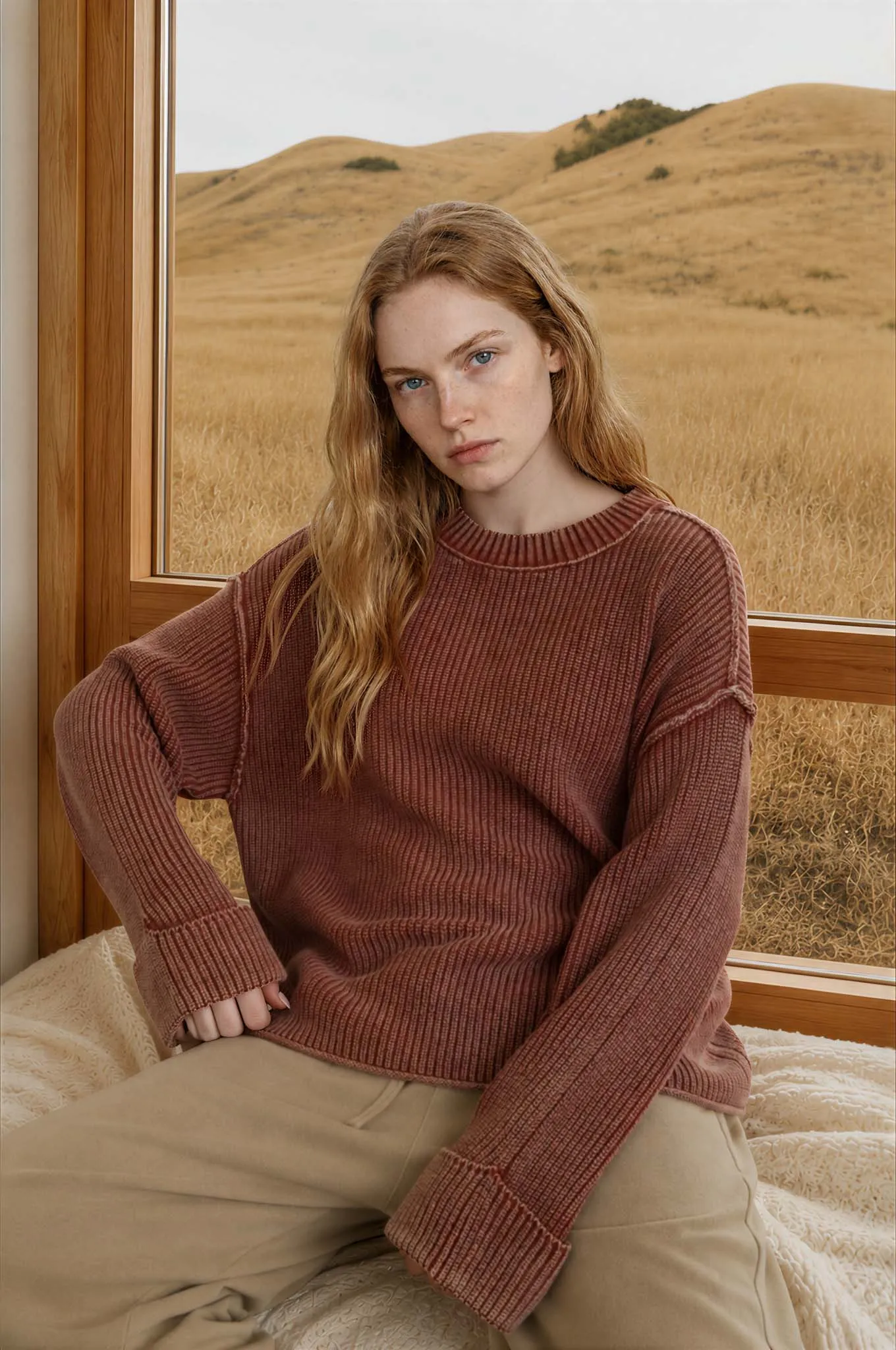 WASHED RIBBED LONG SLEEVE FOLDED CUFF KNIT SWEATER sold by Blu Pepper