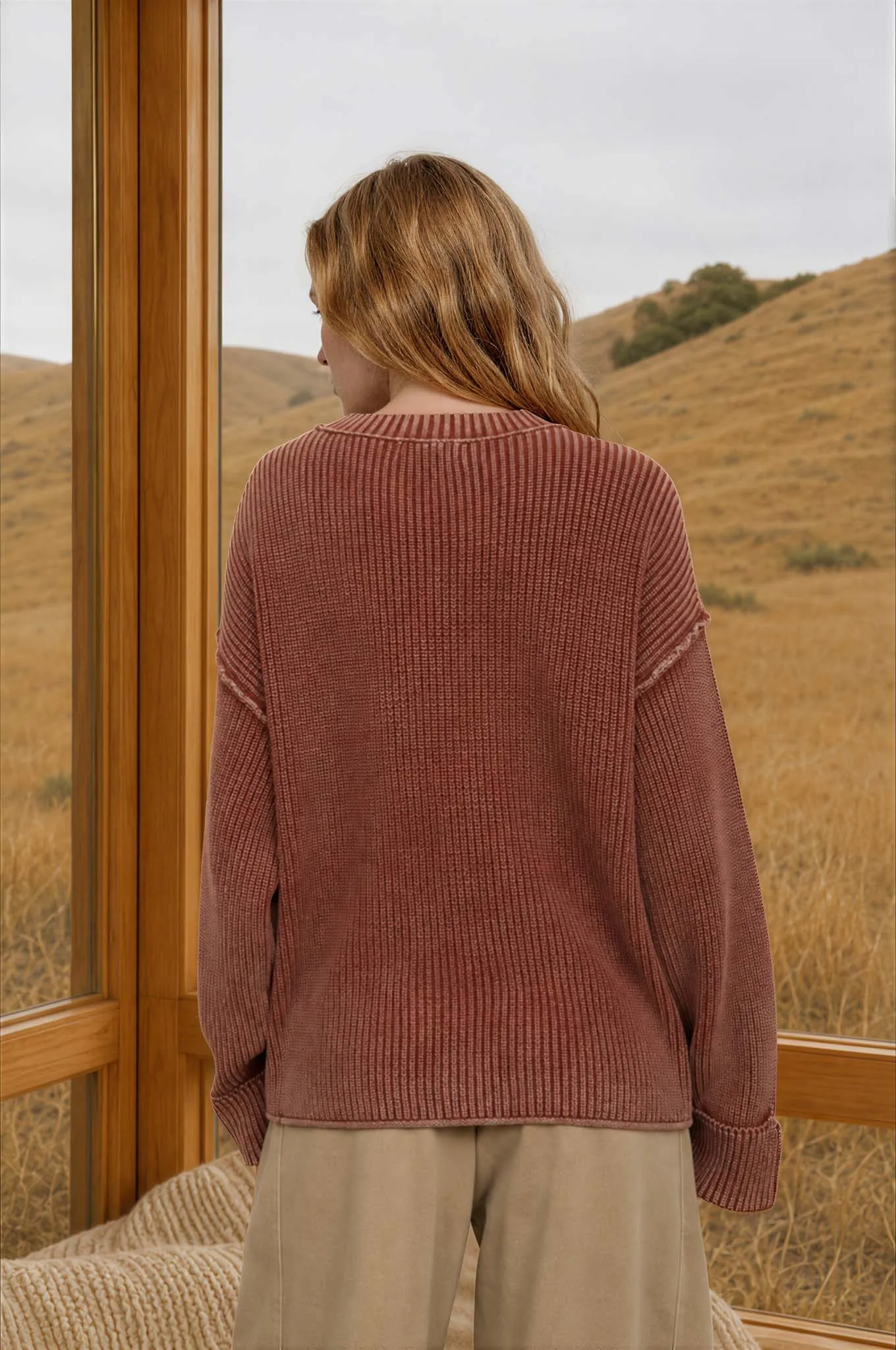 WASHED RIBBED LONG SLEEVE FOLDED CUFF KNIT SWEATER sold by Blu Pepper product image thumbnail 2