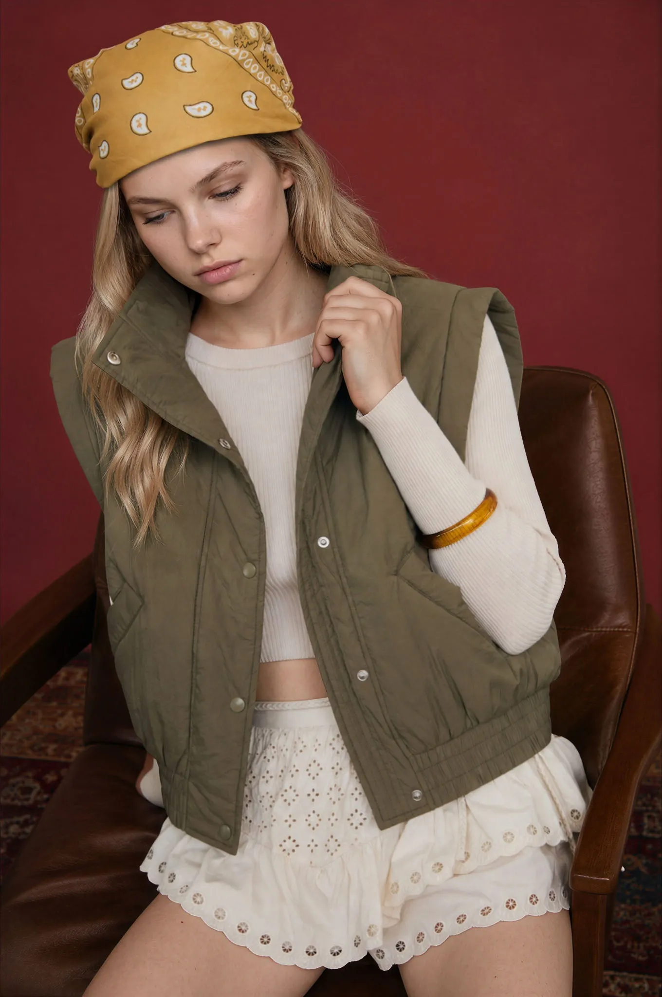 CROPPED MOCK NECK SNAP PUFFER VEST sold by Blu Pepper