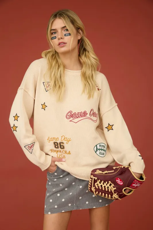 GAME DAY EMBROIDERED CREW NECK KNIT SWEATER (PRE-ORDER) made by J.O.A.