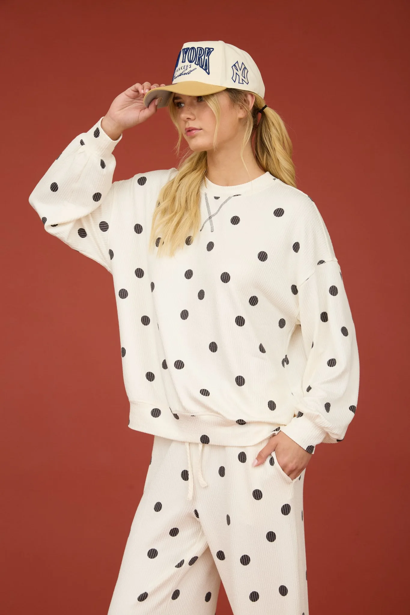 POLKA DOT TEXTURED LONG SLEEVE CREW KNIT TOP sold by Blu Pepper product image thumbnail 3