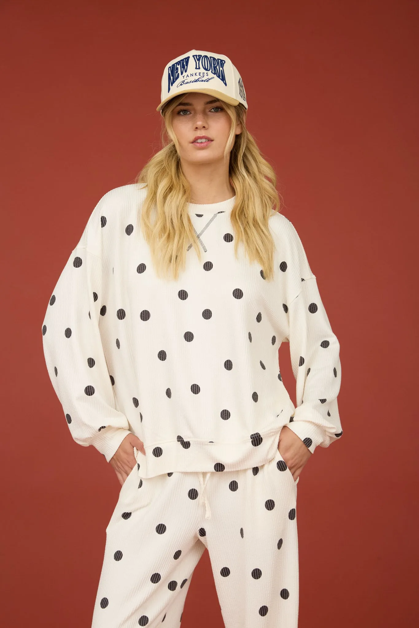 POLKA DOT TEXTURED LONG SLEEVE CREW KNIT TOP sold by Blu Pepper product image thumbnail 4