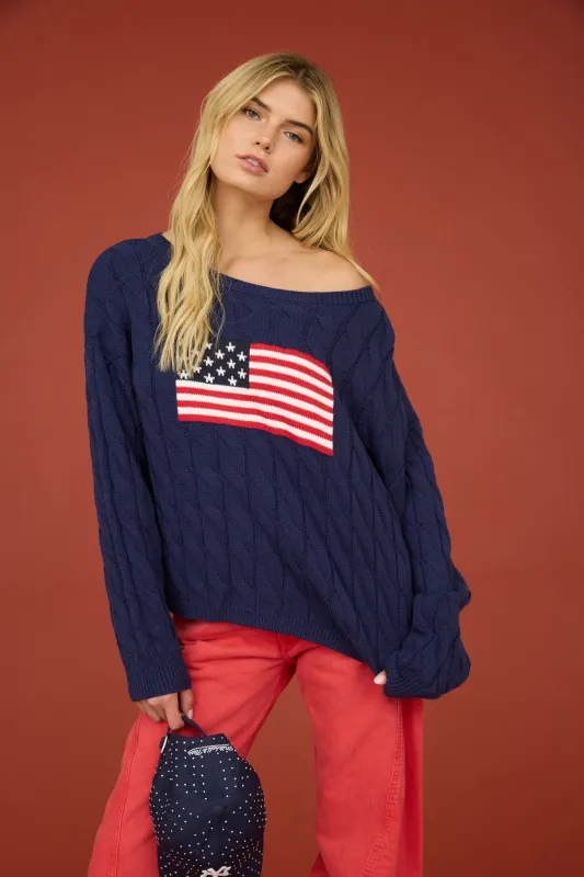 AMERICAN FLAG CABLE KNIT PULLOVER SWEATER made by J.O.A.