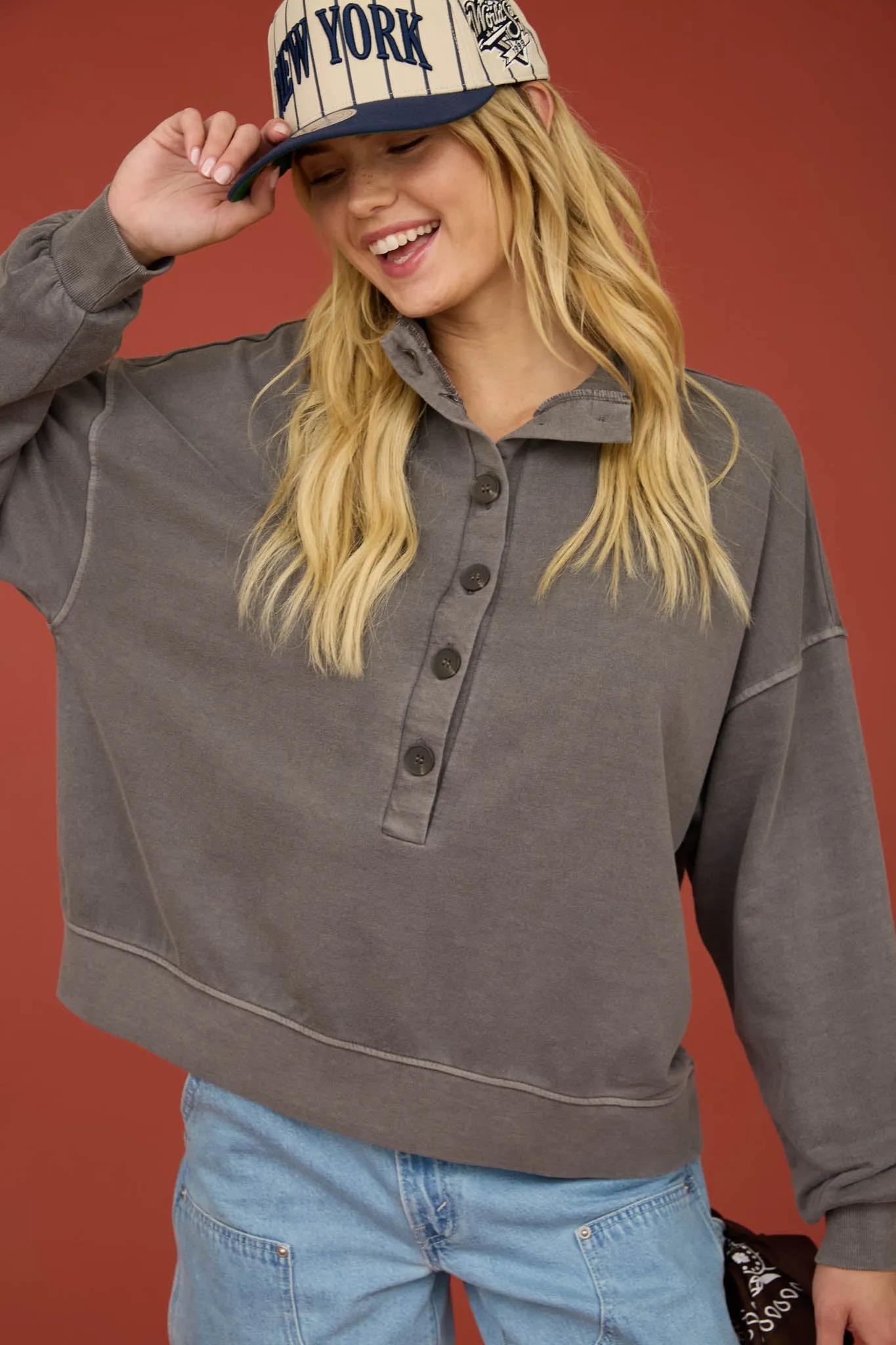 MOCK NECK HENLEY LONG SLEEVE KNIT TOP sold by Blu Pepper