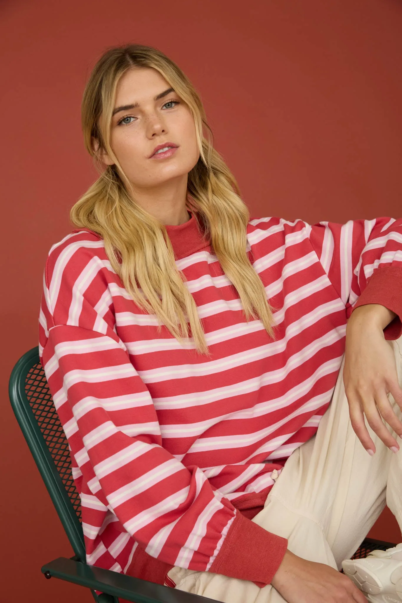 CONTRAST WIDE NECK LONG SLEEVE STRIPE KNIT TOP (PRE-ORDER) sold by Blu Pepper