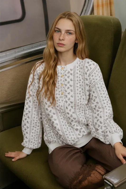 FLORAL STRIPE HENLEY QUILTED JACKET made by Blu Pepper