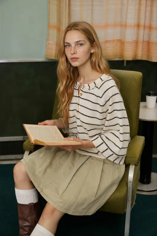 STRIPE HENLEY WIDE LONG SLEEVE KNIT TOP made by Blu Pepper