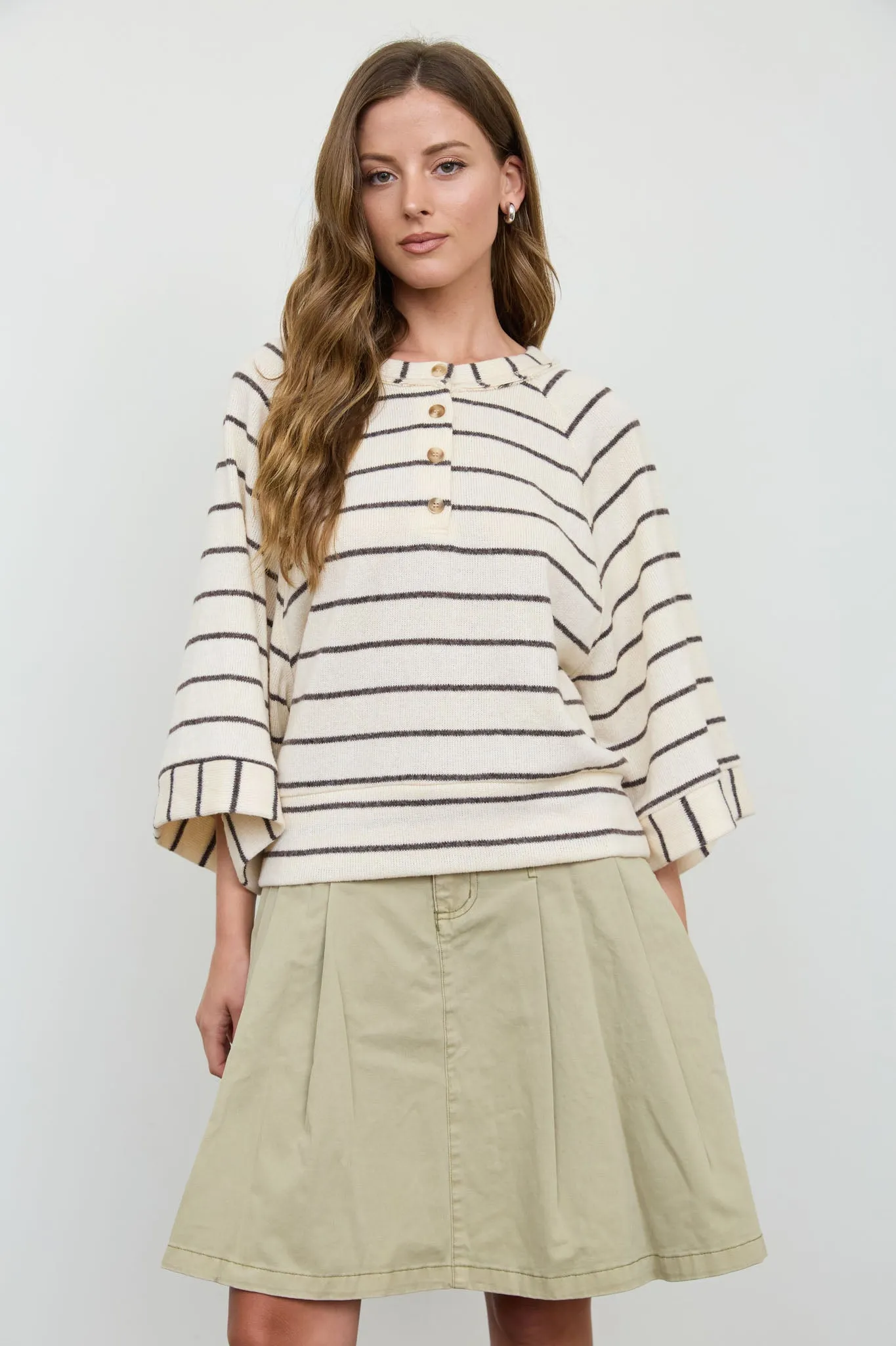 STRIPE HENLEY WIDE LONG SLEEVE KNIT TOP sold by Blu Pepper product image thumbnail 5