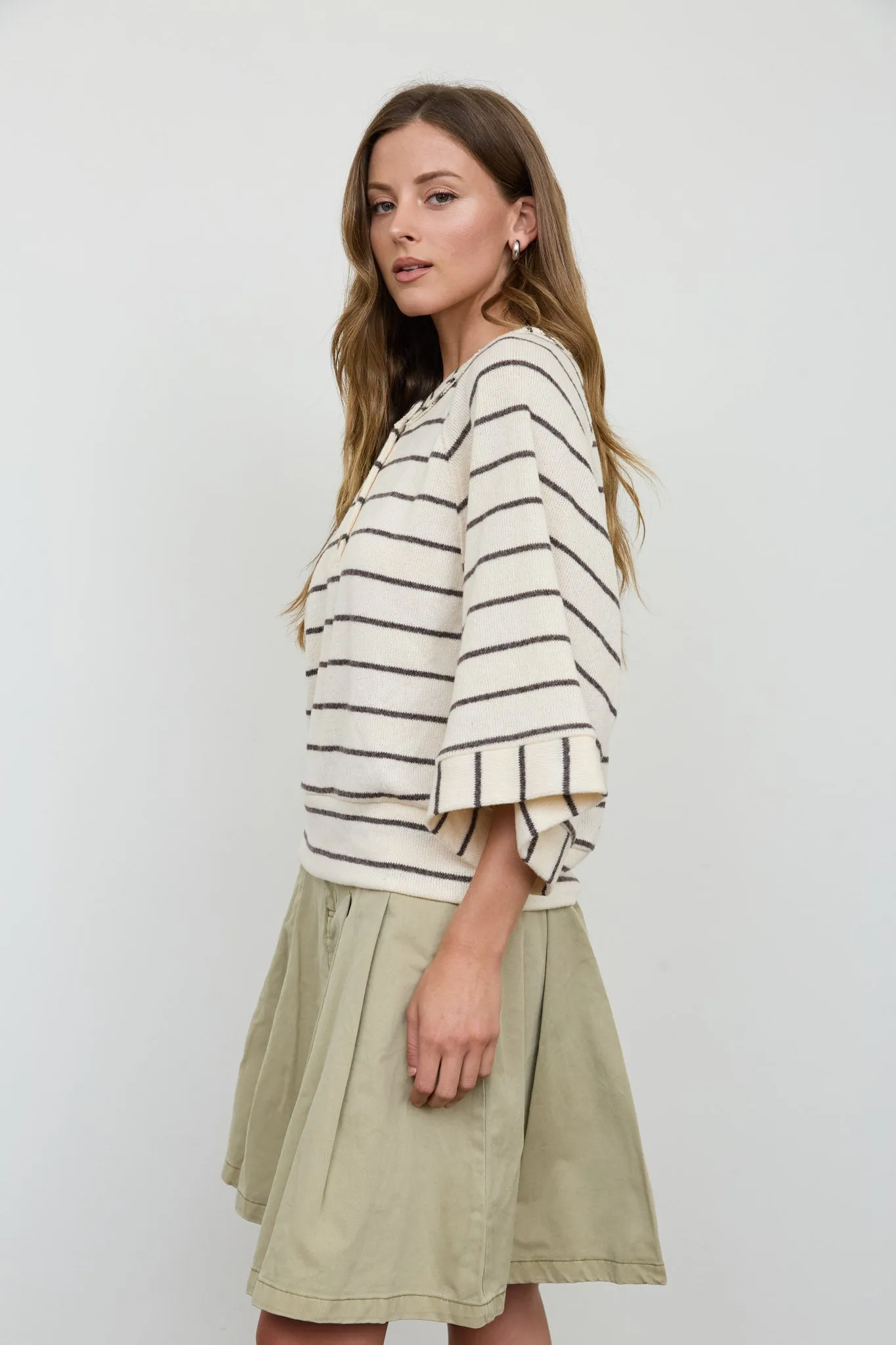 STRIPE HENLEY WIDE LONG SLEEVE KNIT TOP sold by Blu Pepper product image thumbnail 4