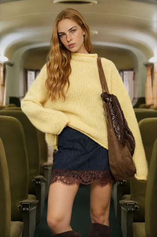 FUZZY KNIT RAW MOCK NECK LONG SLEEVE KNIT SWEATER made by Blu Pepper