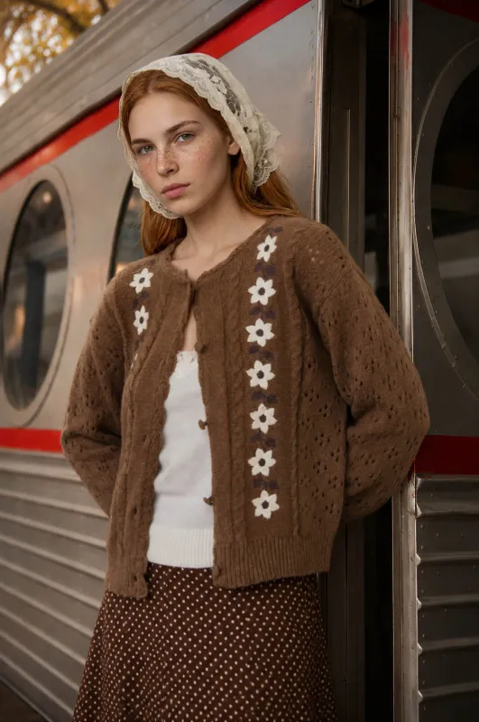 FLORAL EMBROIDERY CROCHET KNIT DETAIL CARDIGAN made by Blu Pepper